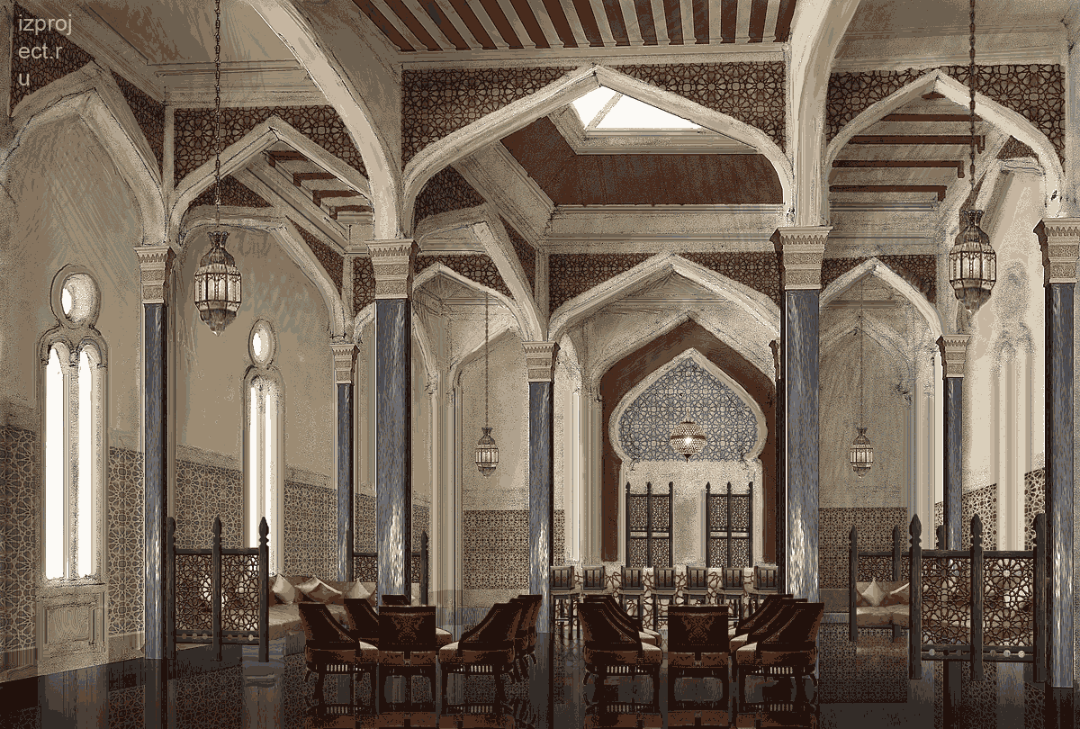 Интерьер ресторана в марокканском стиле.