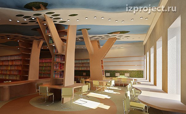 Проект необычного школьного интерьера библиотеки.